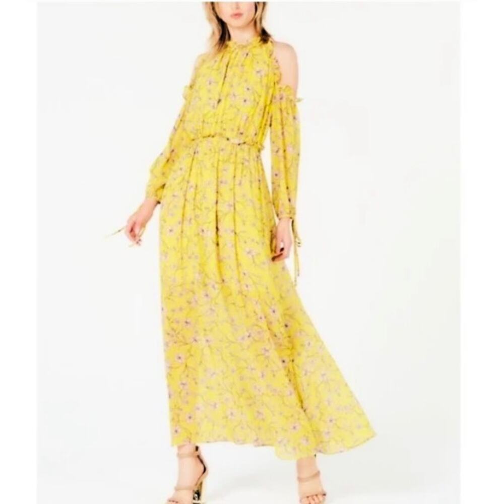 Avec Les Filles Cold Shoulder Maxi Dress Womens Size 2 Yellow Floral Ruffle Long